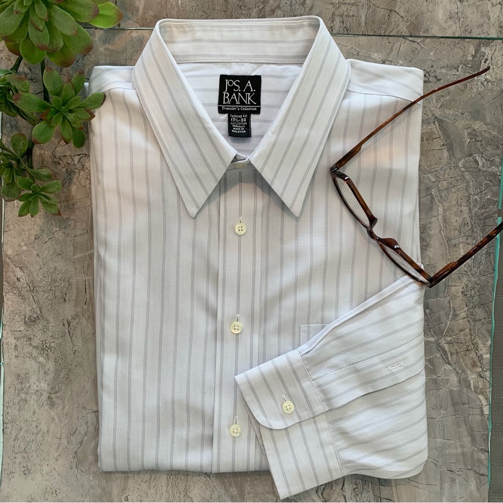 Joseph A Banks Travelers Collection gray/blue long sleeve stripe  dress shirt.